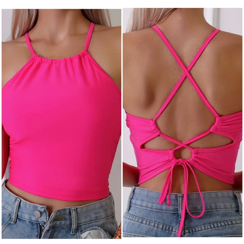 Pink Halter Crisscross Tie Back Crop Top